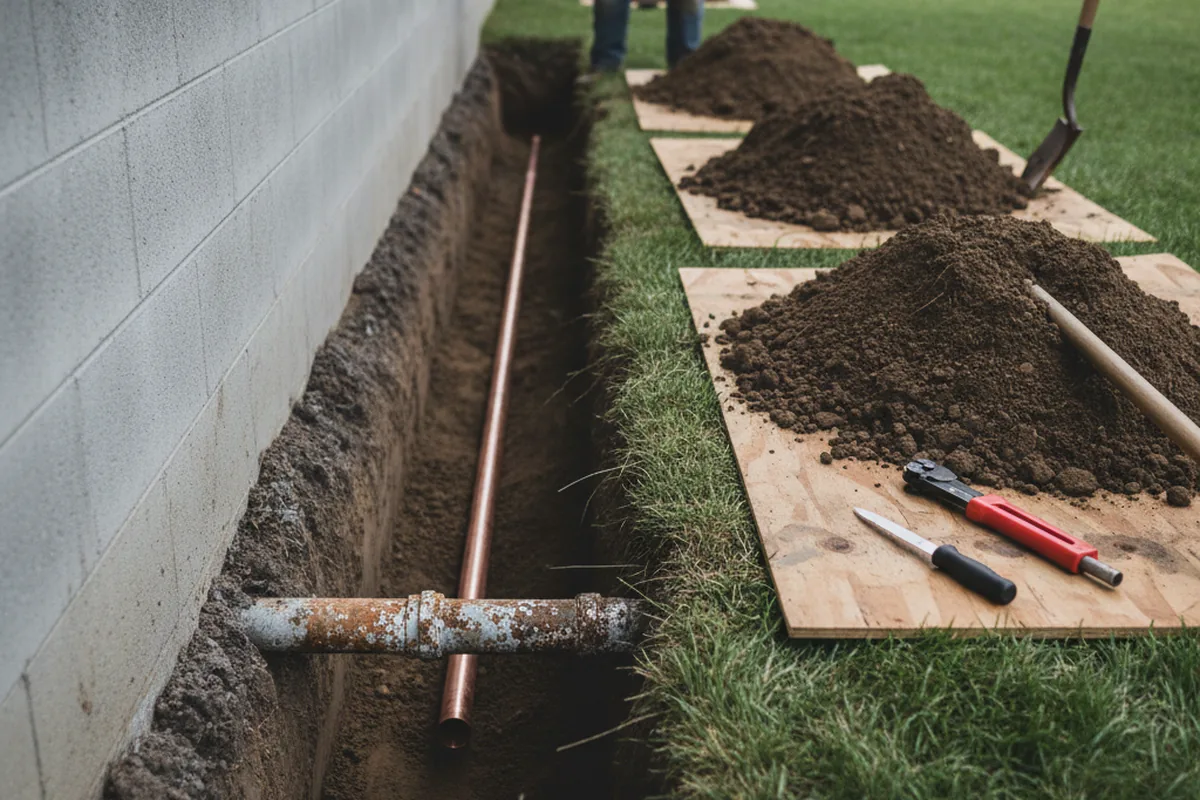 Excavated water line trench during Water Heater Repair in Le Claire